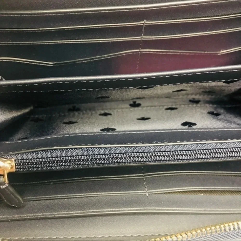 Kate Spade New York Apple Print Zip Around Wallet Black Leather Spade Lining NWT